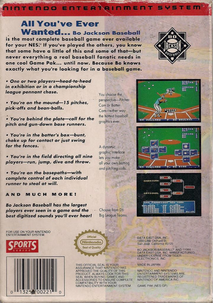 Bo Jackson Baseball - Nintendo Entertainment System (NES) (Data East) video game collectible - Main Image 2