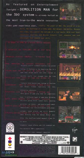 Demolition Man (3DO) - 3DO (Virgin - 1) video game collectible [Barcode 052145930032] - Main Image 2