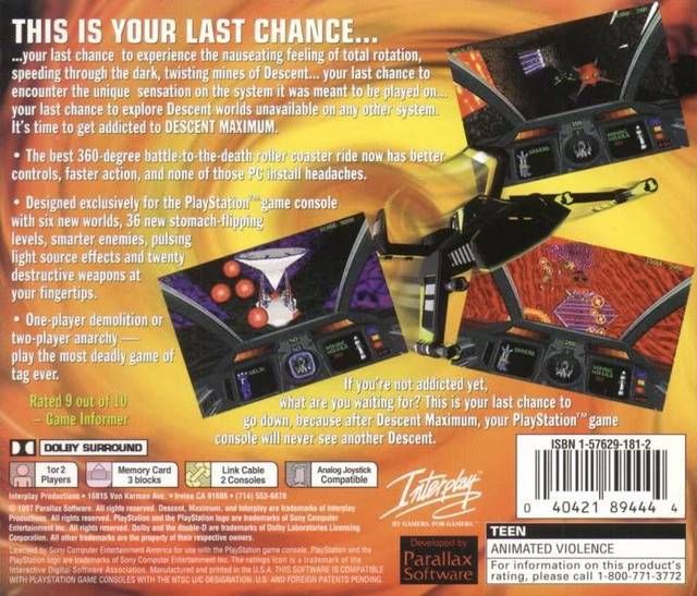 Descent: Maximum - Sony PlayStation (Interplay Entertainment - 1) video game collectible [Barcode 040421894444] - Main Image 2