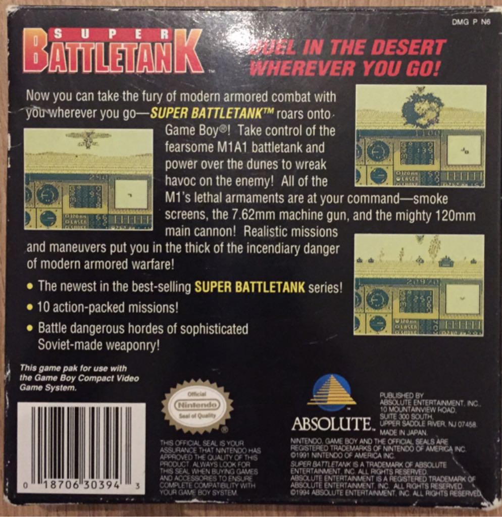 Super Battletank - Nintendo Game Boy (Absolute Entertainment Inc.) video game collectible [Barcode 018706303943] - Main Image 2