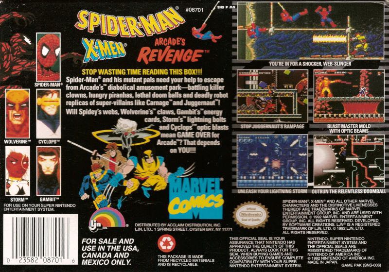 Spiderman Xmen Arcades Revenge - Nintendo Super Nintendo Entertainment System (SNES) (Software Creations - 1) video game collectible - Main Image 2