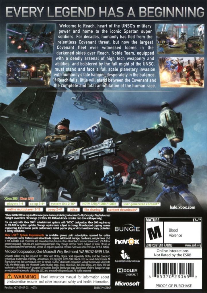 X360 / Halo Reach - Microsoft Xbox 360 (Bungie/Activision - 1) video game collectible [Barcode 000017014175] - Main Image 2