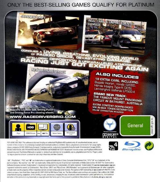 Racedriver Grid Reloaded Platinium - Sony PlayStation 3 (PS3) (Codemasters - 1) video game collectible [Barcode 5024866343380] - Main Image 2