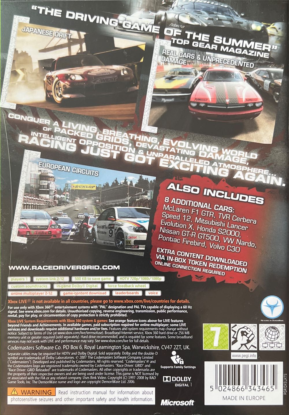 Race Driver Grid Reloaded : Classics - Microsoft Xbox 360 (Codemasters - 1) video game collectible [Barcode 5024866343465] - Main Image 2