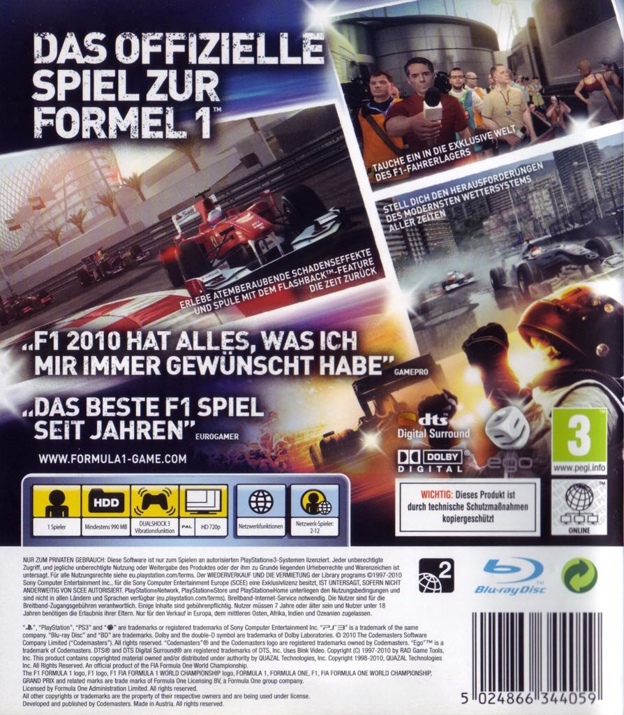 F1 2010 - Sony PlayStation 3 (PS3) (Codemasters - 1 - 12) video game collectible [Barcode 5024866344059] - Main Image 2