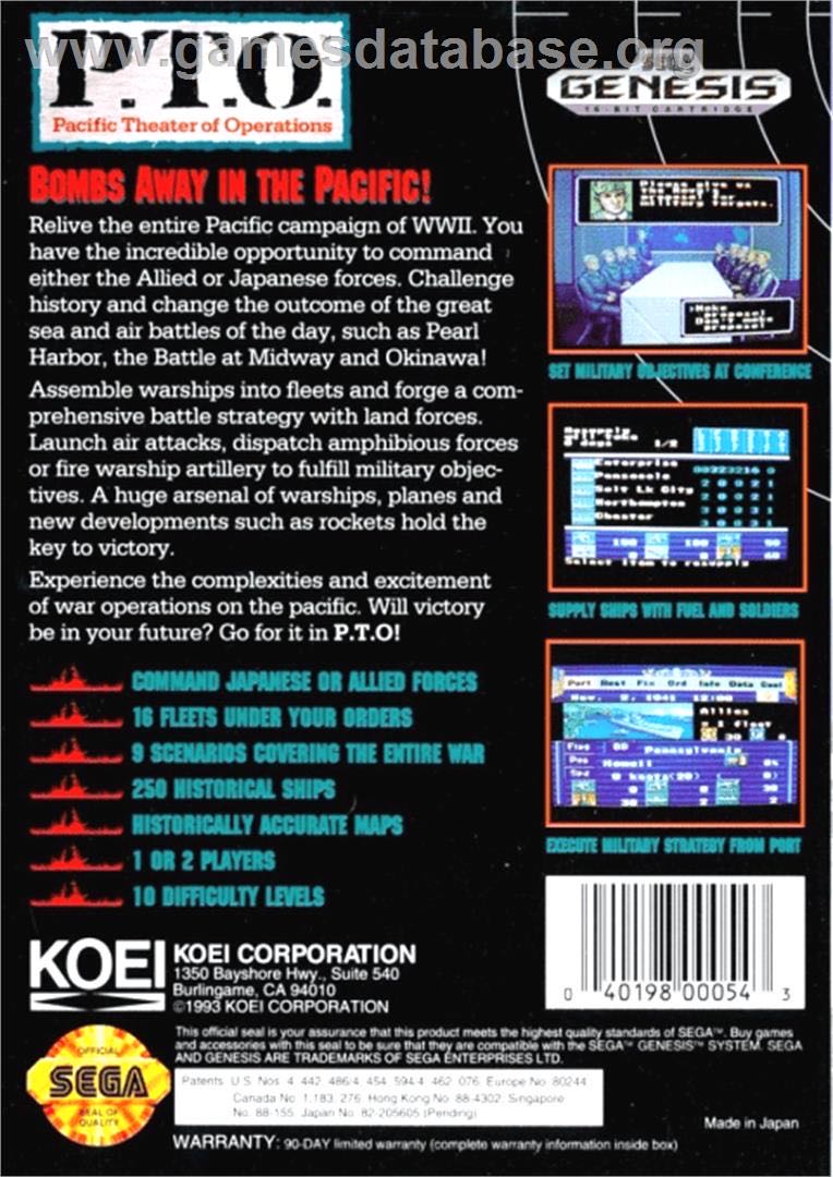 P.T.O. Pacific Theater Of Operations - Sega Genesis (Mega Drive) (Koei - 2) video game collectible [Barcode 040198000543] - Main Image 2
