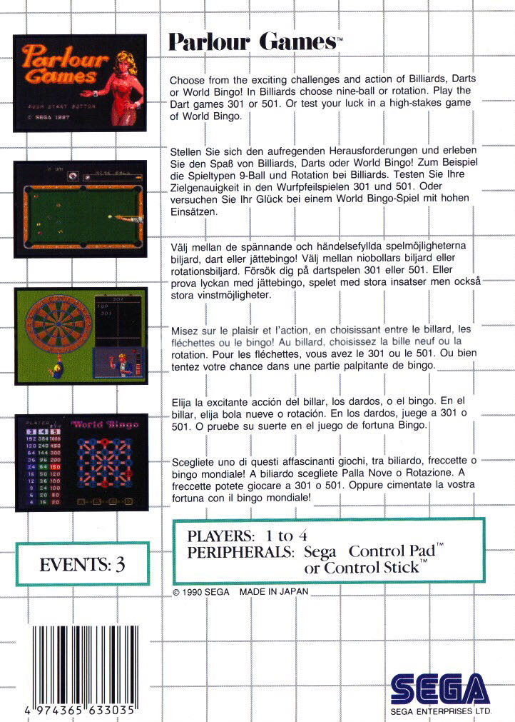 Parlour Games - Sega Master System (Sega - 1-2) video game collectible [Barcode 080686000082] - Main Image 2