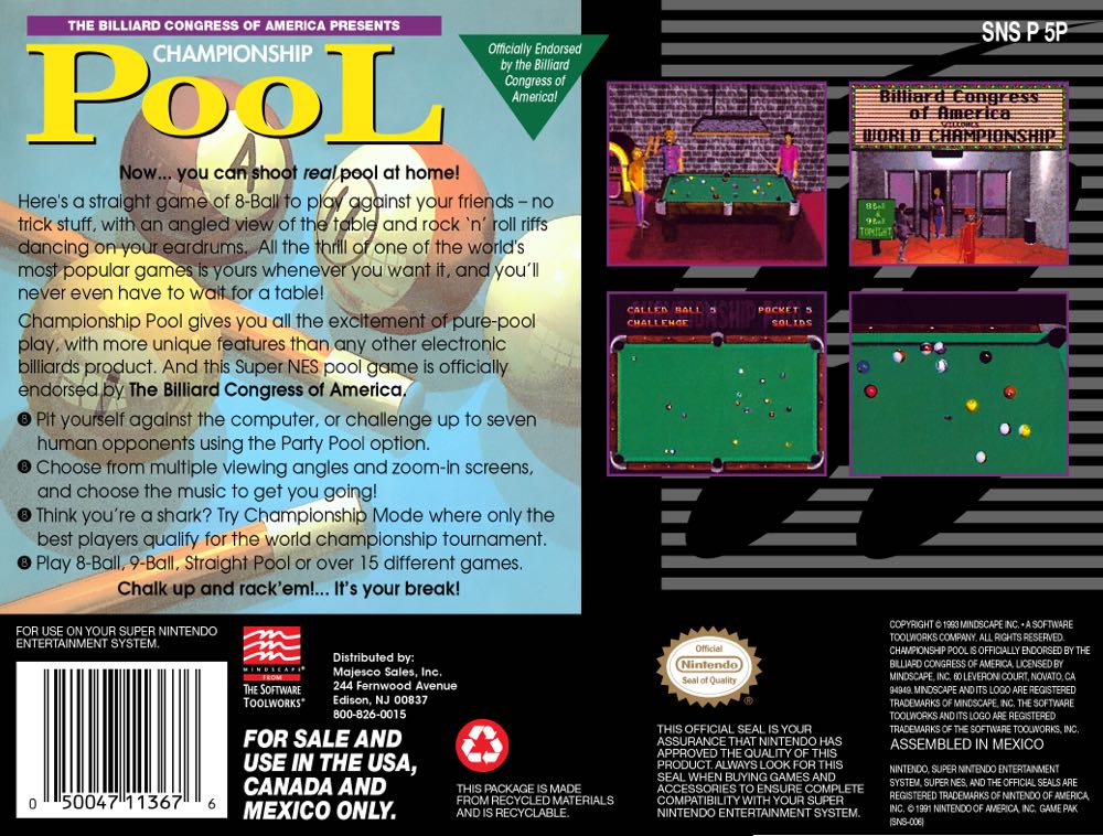 Championship Pool - Nintendo Super Nintendo Entertainment System (SNES) video game collectible - Main Image 2