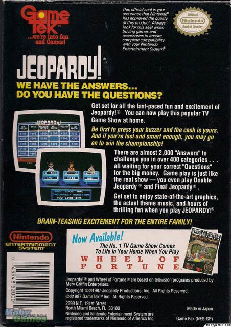 Jeopardy - Nintendo Entertainment System (NES) (GameTek) video game collectible - Main Image 2