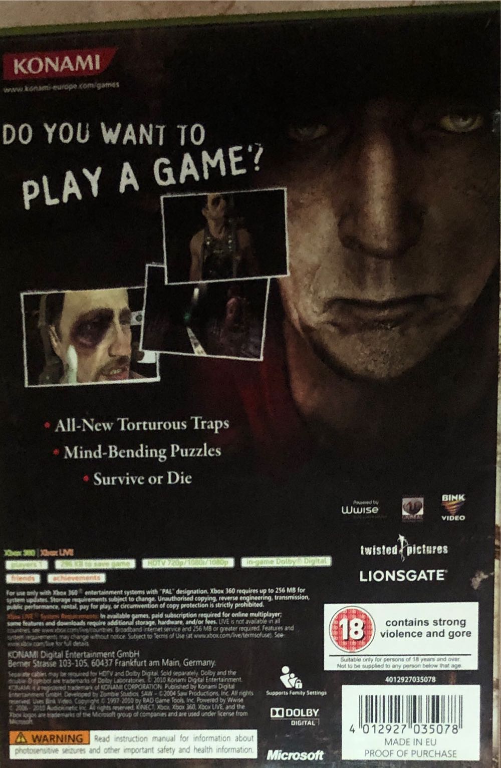 Saw II: Flesh and Blood - Microsoft Xbox 360 (Konami Digital Entertainment Co. Ltd - 1) video game collectible [Barcode 4012927035078] - Main Image 2