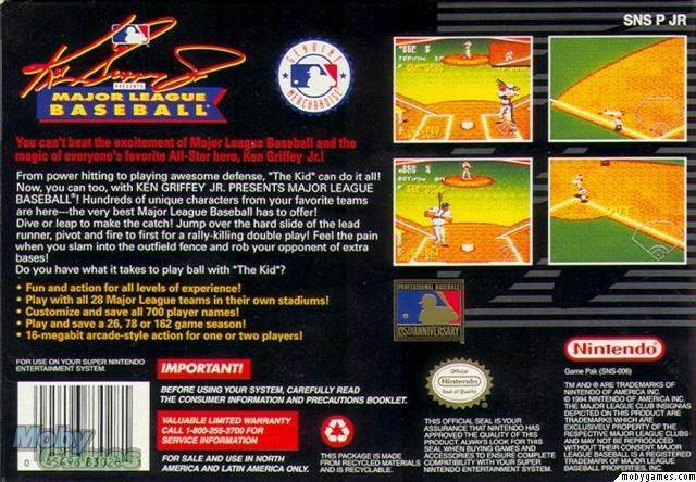 Ken Griffey Jr. Presents Major League Baseball - Nintendo Super Nintendo Entertainment System (SNES) (Nintendo - 2) video game collectible [Barcode 045496830281] - Main Image 2