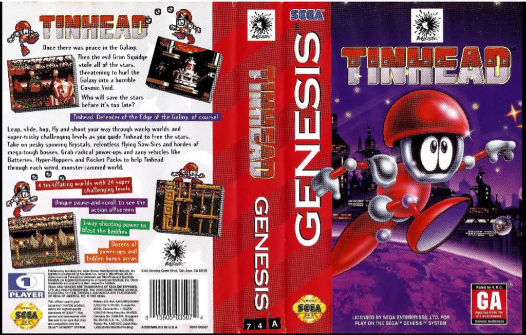 Tinhead - Sega Genesis (Mega Drive) (Spectrum HoloByte - 1) video game collectible [Barcode 015605035074] - Main Image 2