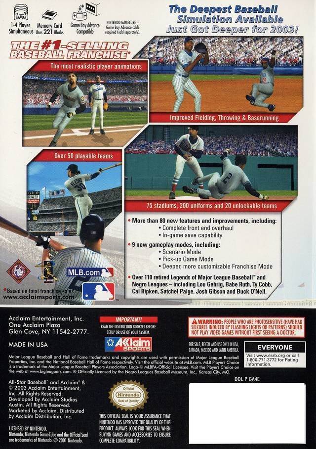 All-Star Baseball 2004 - Sony PlayStation 2 (PS2) (Acclaim Entertainment - 1-4) video game collectible [Barcode 021481233121] - Main Image 2