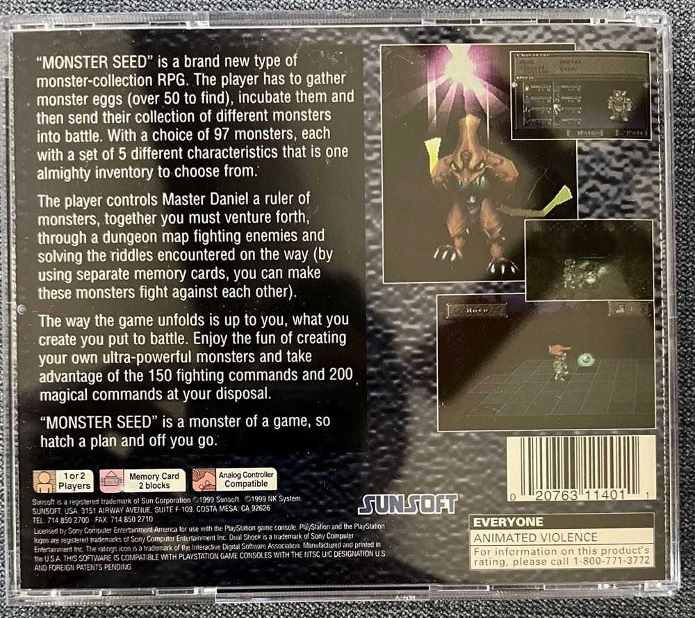 Monster Seed - Sony PlayStation (SunSoft - 1) video game collectible [Barcode 020763114011] - Main Image 2