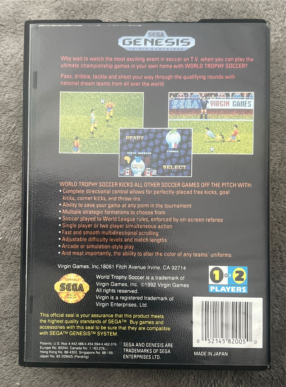 World Trophy Soccer - Sega Genesis (Mega Drive) (Virgin Games - 1-2) video game collectible [Barcode 052145820050] - Main Image 2