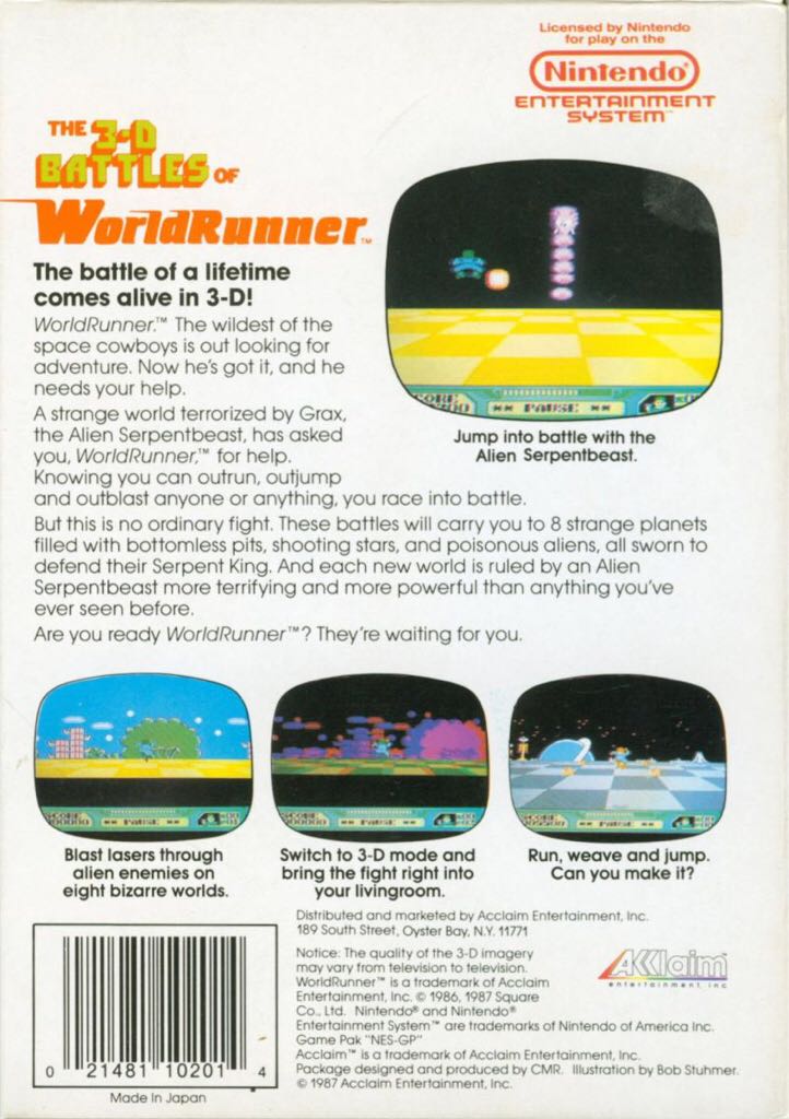 3-D WorldRunner - Nintendo Entertainment System (NES) (Acclaim Entertainment) video game collectible - Main Image 2