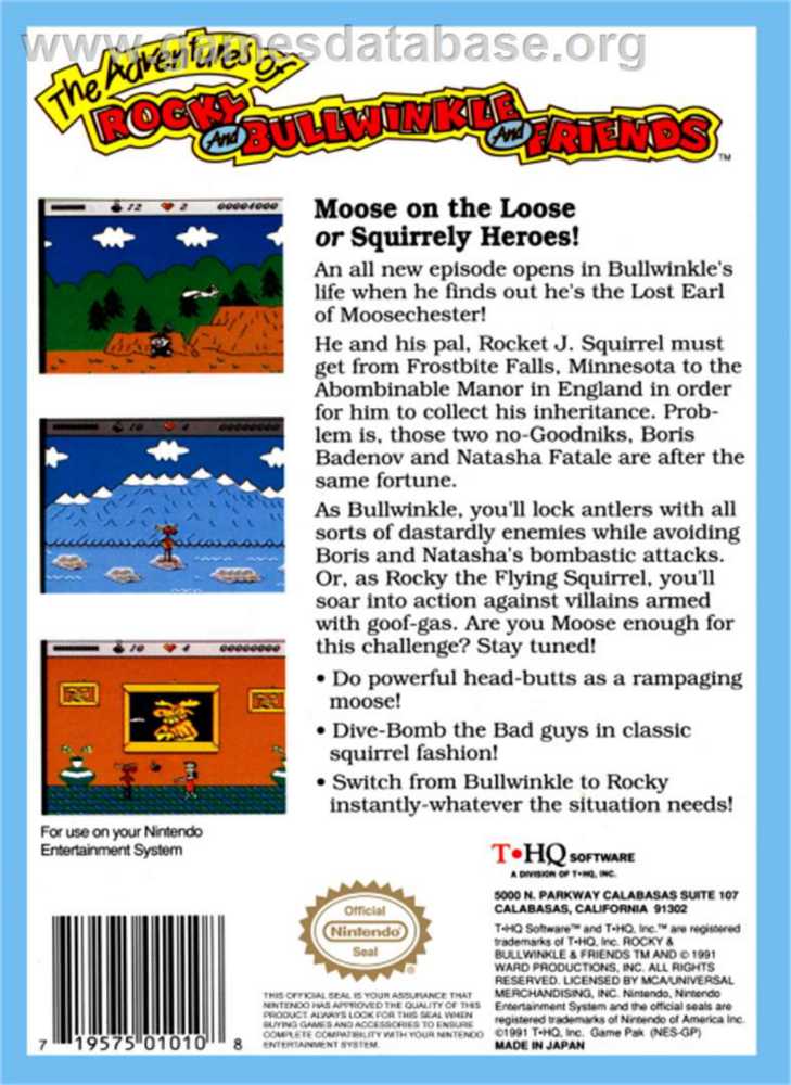 The Adventures Of Rocky And Bullwinkle And Friends - Nintendo Entertainment System (NES) (T*HQ) video game collectible - Main Image 2