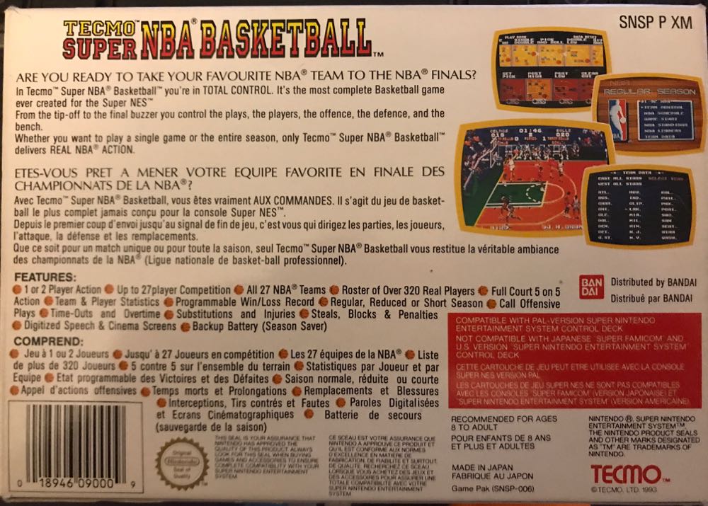 Tecmo Super NBA Basketball - Nintendo Super Nintendo Entertainment System (SNES) (Tecmo - 1-2) video game collectible [Barcode 018946090009] - Main Image 4