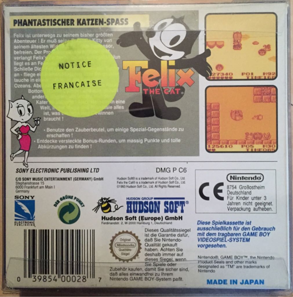 Felix The Cat - Nintendo Game Boy (Hudson Soft - 1) video game collectible [Barcode 039854000287] - Main Image 2