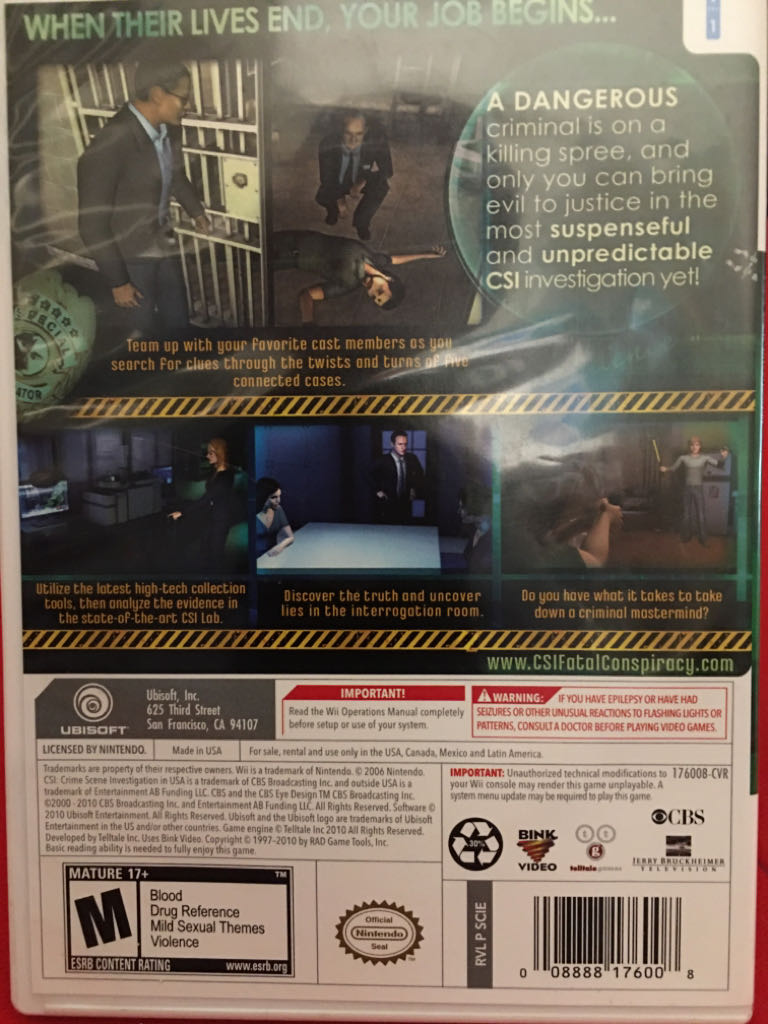CSI: Fatal Conspiracy - Nintendo Wii (Ubisoft Inc. - 1) video game collectible [Barcode 008888176008] - Main Image 2