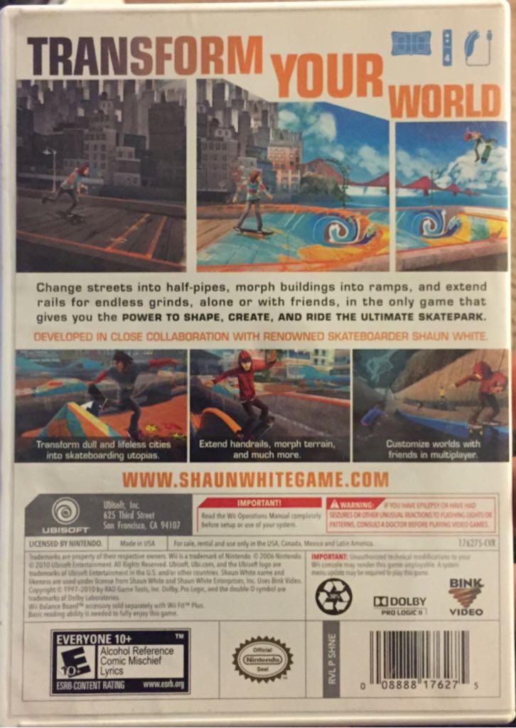 Shaun White Skateboarding - Nintendo Wii (Ubisoft Entertainment - 1-4) video game collectible [Barcode 008888176275] - Main Image 2
