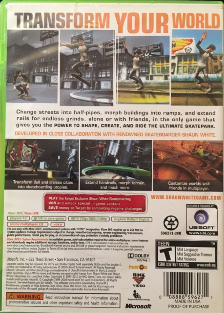 Shaun White Skateboarding - Microsoft Xbox 360 (Ubisoft - 2) video game collectible [Barcode 008888596271] - Main Image 2