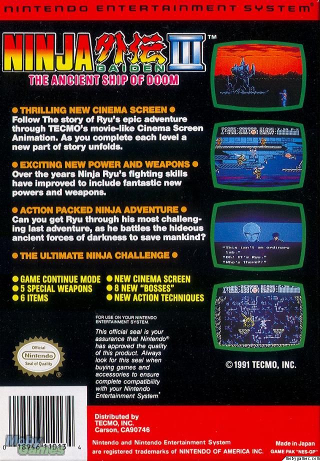 Ninja Gaiden III: The Ancient Ship Of Doom - Nintendo Entertainment System (NES) video game collectible - Main Image 2