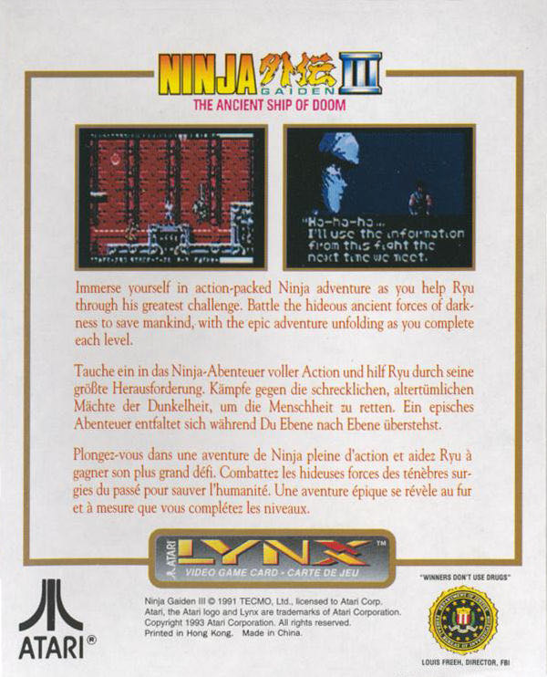 Ninja Gaiden III: The Ancient Ship of Doom - Atari Lynx (Koei Tecmo) video game collectible - Main Image 2