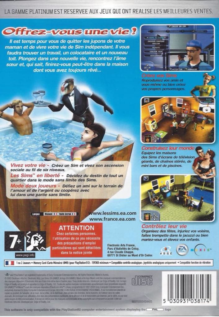 Les Sims. Platinium - Sony PlayStation 2 (PS2) ((EA) Electronic Arts - 1-2) video game collectible [Barcode 5030931038174] - Main Image 2