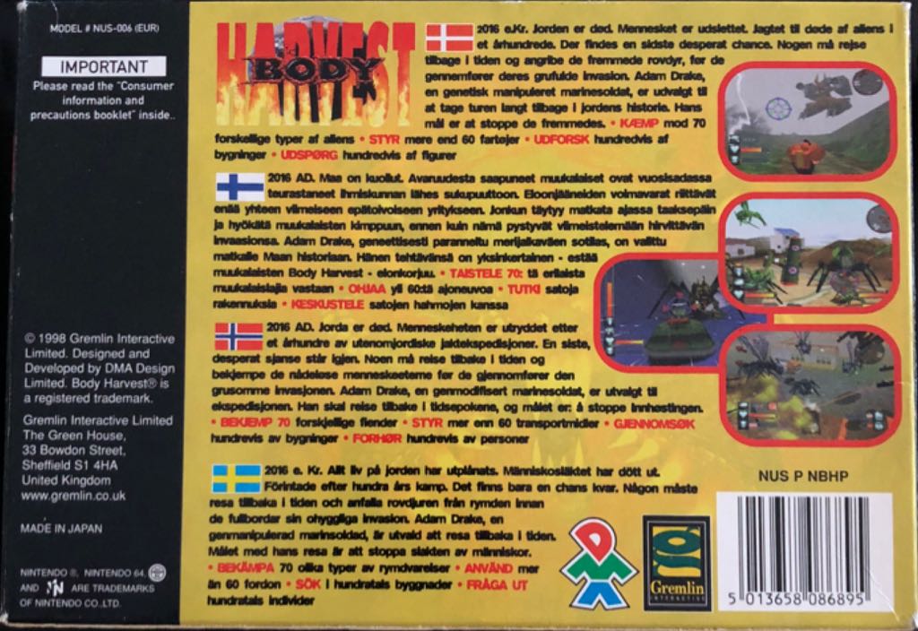 Body Harvest - Nintendo 64 (N64) (Gremlin Interactive - 1) video game collectible [Barcode 5013658086895] - Main Image 2