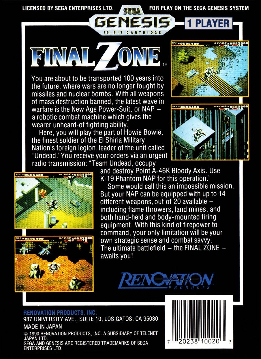 Final Zone - Sega Genesis (Mega Drive) (Renovation Products - 1) video game collectible [Barcode 720238100203] - Main Image 2