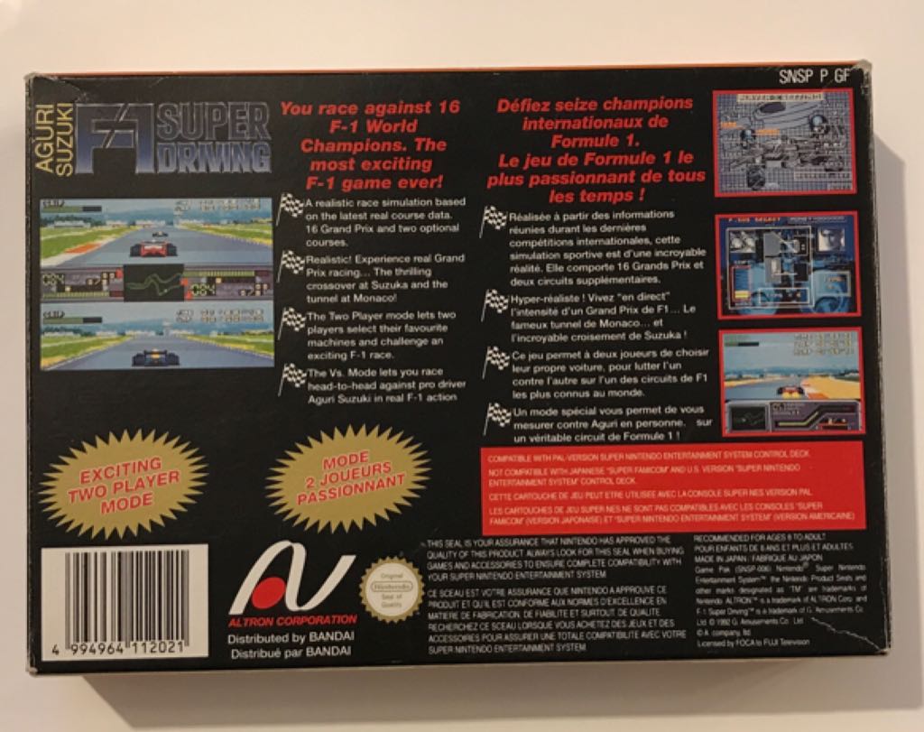 Aguri Suzuki F-1 Super Driving - Nintendo Super Nintendo Entertainment System (SNES) video game collectible - Main Image 2