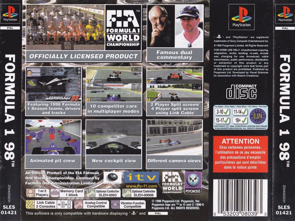 Formula 1 98 - Sony PlayStation (Psygnosis - 1-2) video game collectible [Barcode 053203080393] - Main Image 2