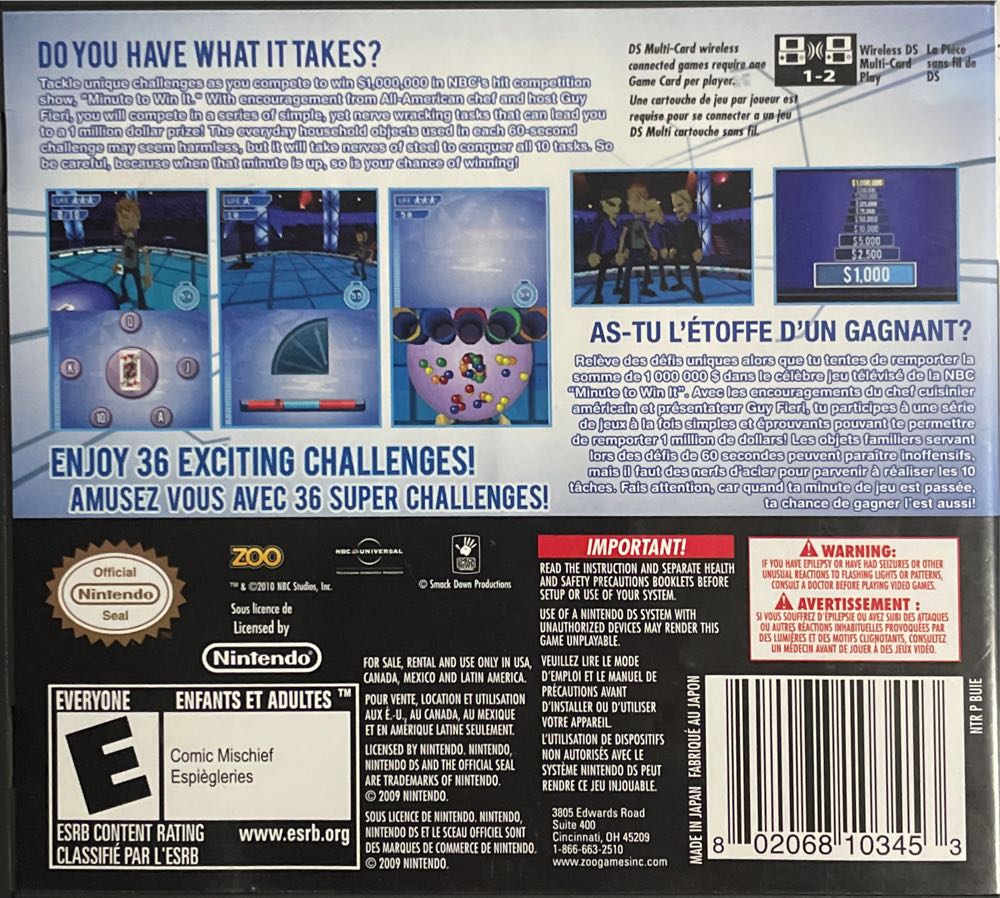 Minute To Win It - Nintendo DS (Zoo Games - 1-2) video game collectible [Barcode 802068103453] - Main Image 2