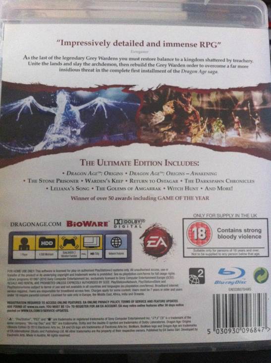 Dragon Age: Origins Ultimate Edition - Sony PlayStation 3 (PS3) ((EA) Electronic Arts - 1) video game collectible [Barcode 071200008684] - Main Image 2