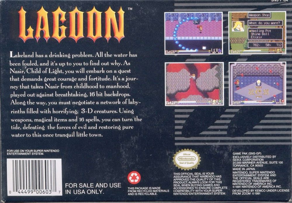 Lagoon - Nintendo Super Nintendo Entertainment System (SNES) (Kemco-Seika - 1) video game collectible - Main Image 2