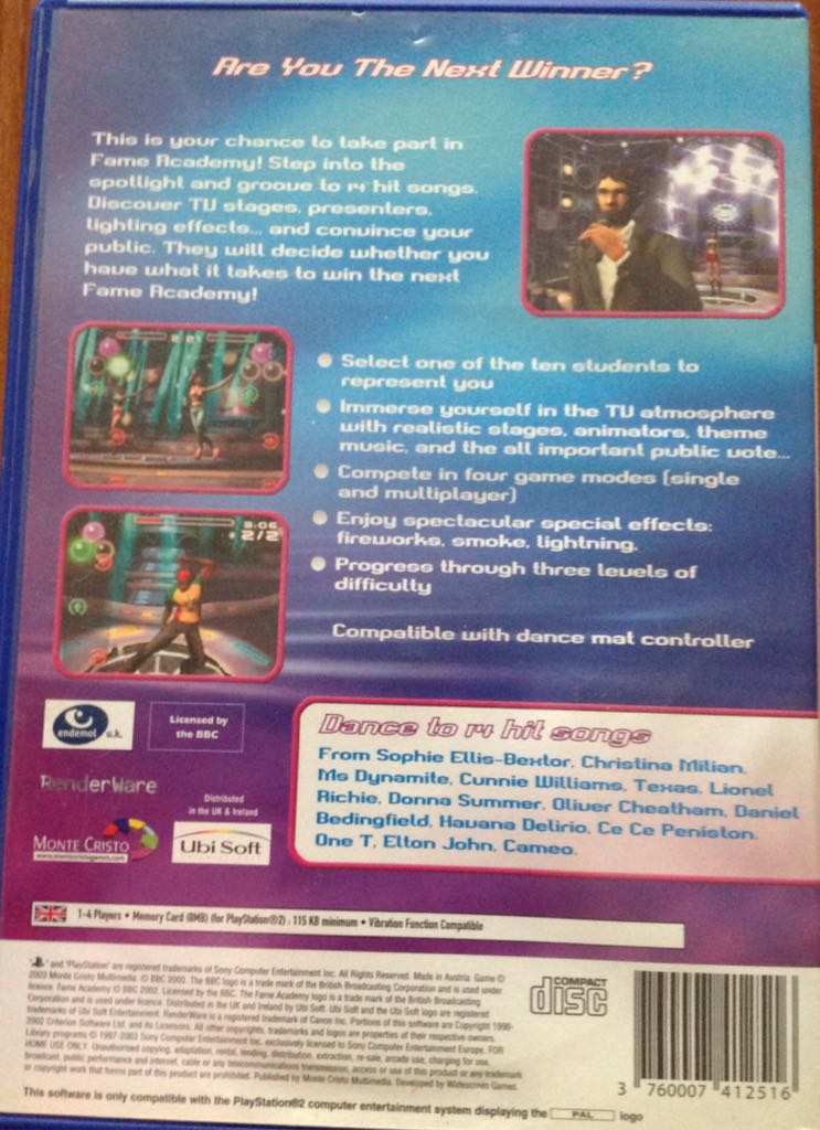 Fame Academy Dance Edition - Sony PlayStation 2 (PS2) (Ubisoft - 1-2) video game collectible [Barcode 3760007412516] - Main Image 2