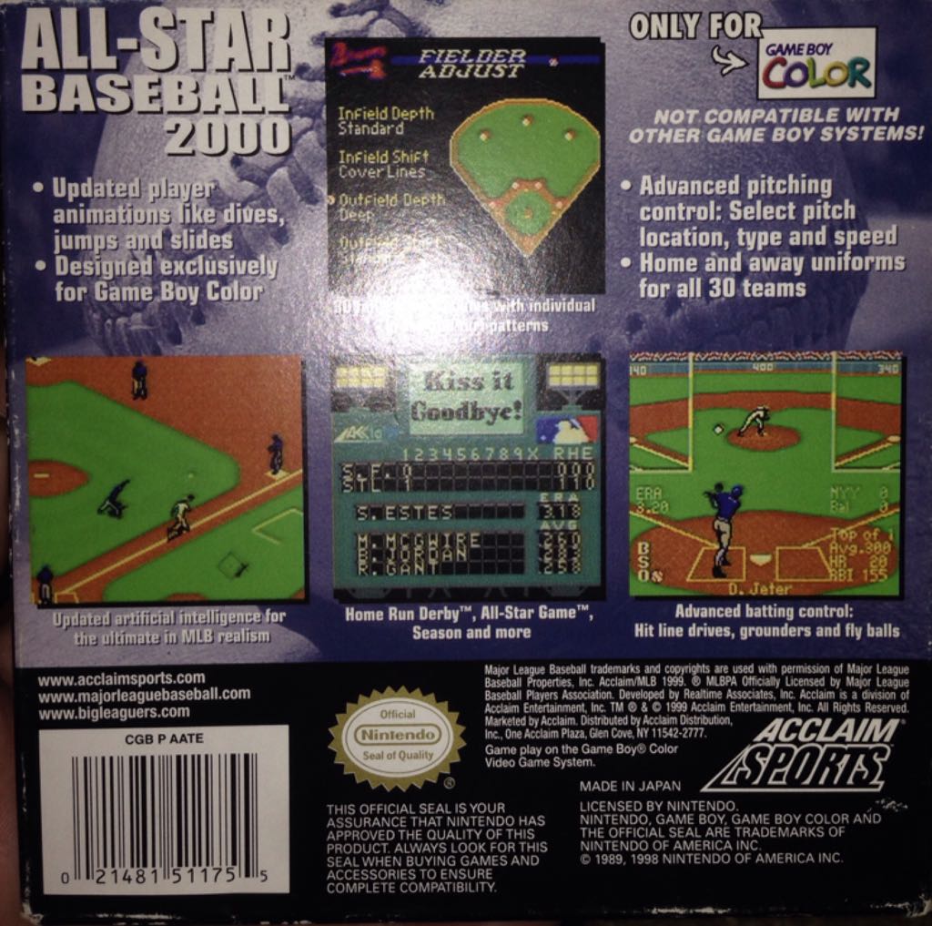 All-star Baseball 2000 - Nintendo Game Boy Color (Acclaim Sports) video game collectible [Barcode 021481511755] - Main Image 2
