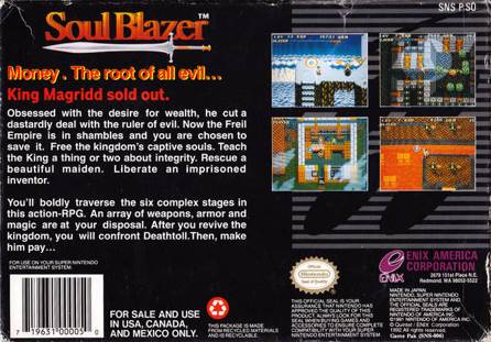 Soul Blazer - Nintendo Super Nintendo Entertainment System (SNES) (Enix - Single-Player) video game collectible [Barcode 719631000050] - Main Image 2