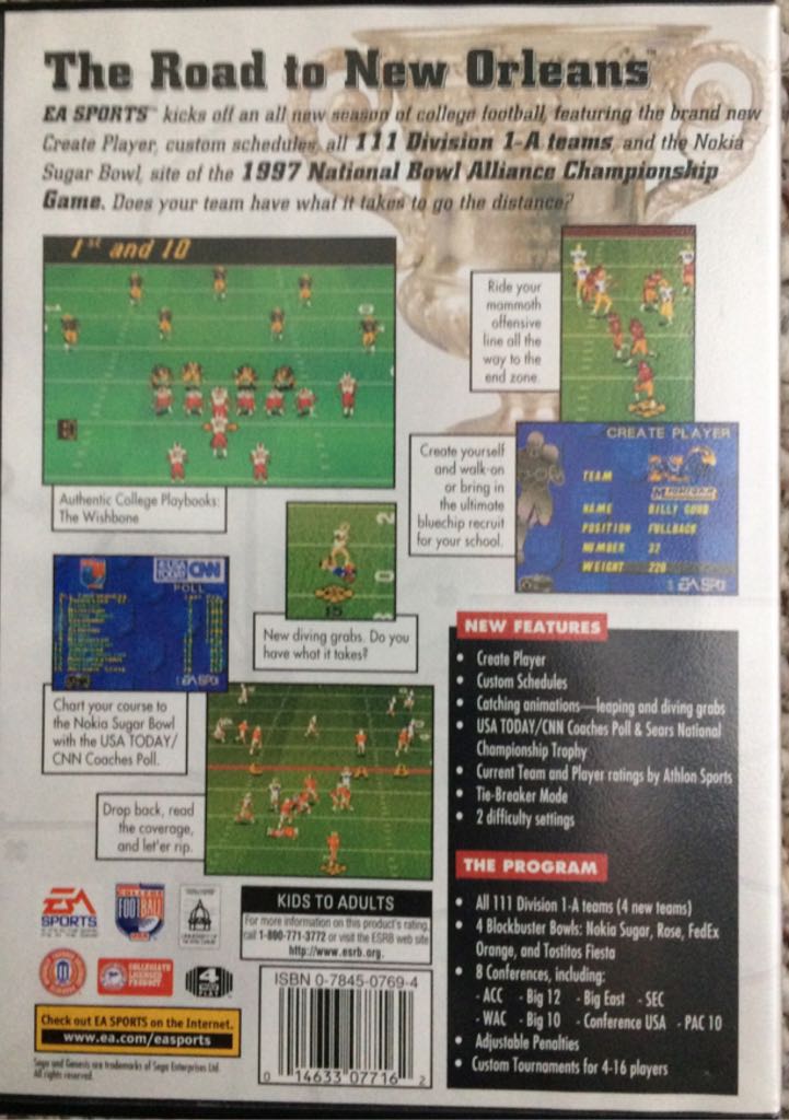 College Football USA 97 - Sega Genesis (Mega Drive) (Ea Sports) video game collectible [Barcode 014633077162] - Main Image 2