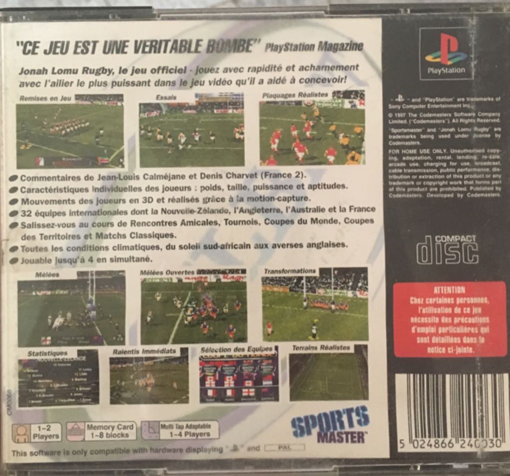 Jonah Lomu Rugby - Sony PlayStation (Sports Master - 2) video game collectible [Barcode 5024866240030] - Main Image 2