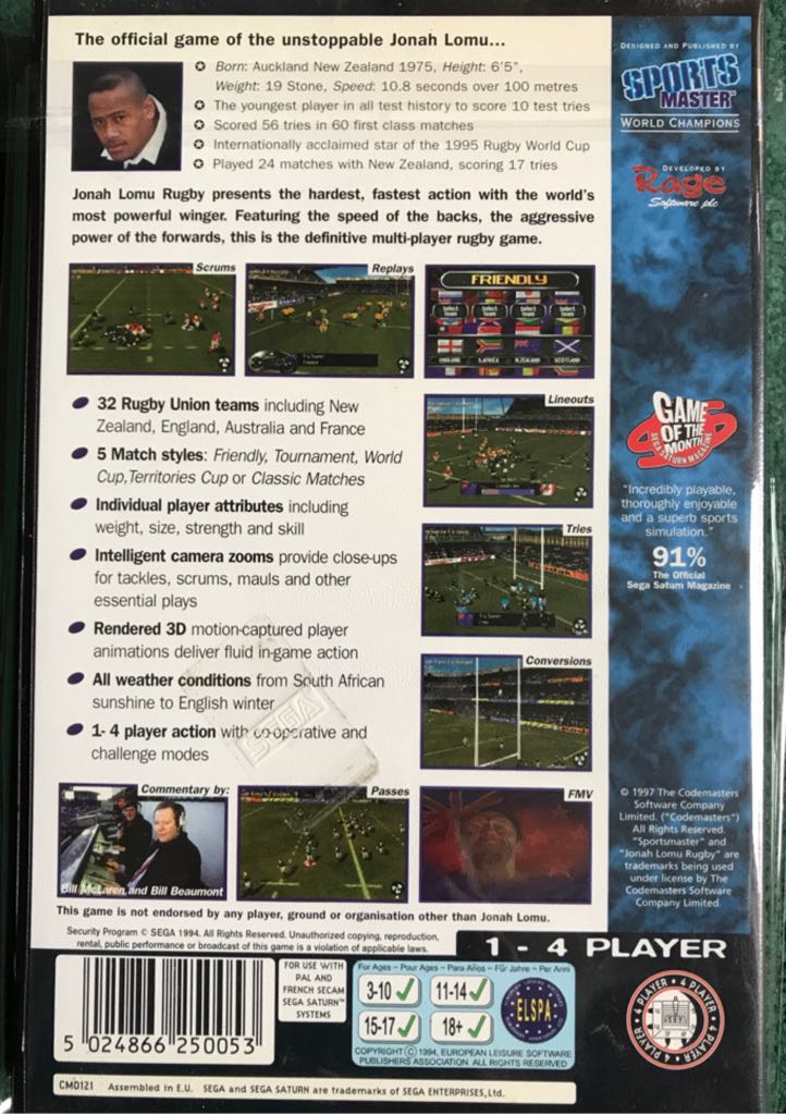 Jonah Lomu Rugby - Sega Saturn (Sports Master World Champions - 4) video game collectible [Barcode 5024866250053] - Main Image 2