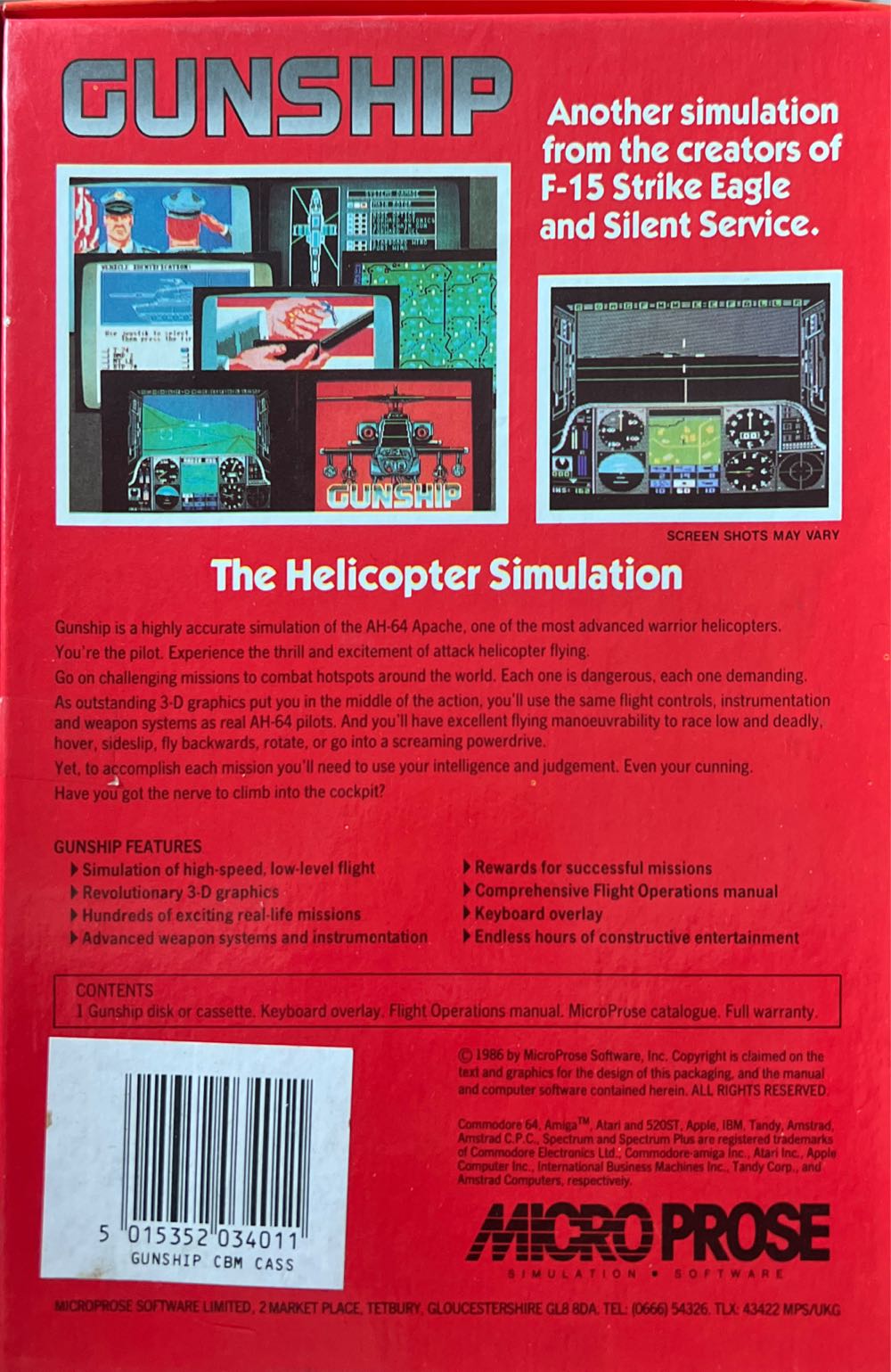 Gunship - Commodore 64 (Microprose Software - 1) video game collectible [Barcode 5015352034011] - Main Image 2