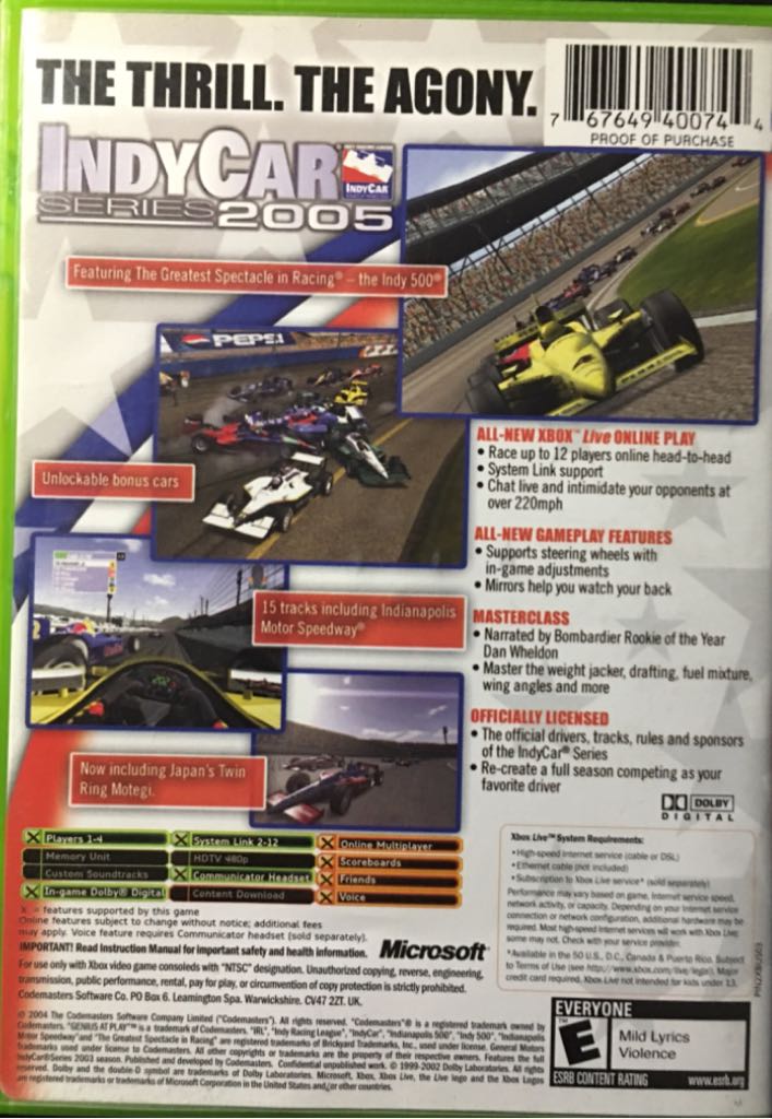 Indycar Series 2005 - Microsoft Xbox (Codemasters - 1-4) video game collectible [Barcode 767649400744] - Main Image 2