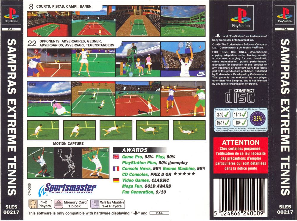 Sampras Extreme Tennis - Sony PlayStation (Sports Master World Champions - 1-2) video game collectible [Barcode 5024866240009] - Main Image 2