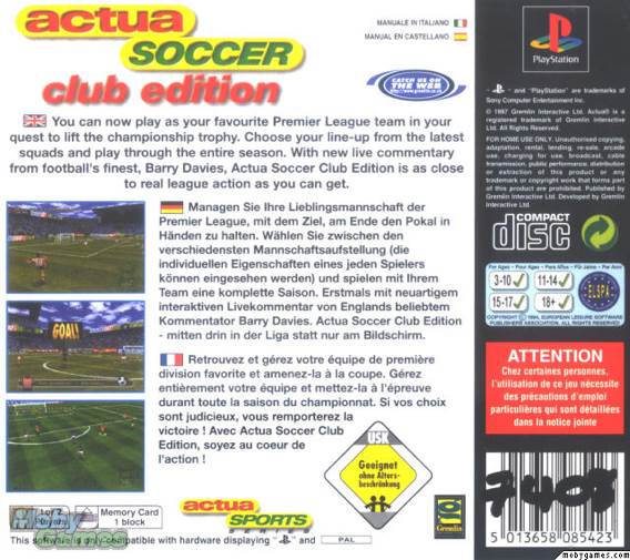 Actua Soccer - Sony PlayStation (Gremlin Interactive - 2) video game collectible [Barcode 5013658022398] - Main Image 2