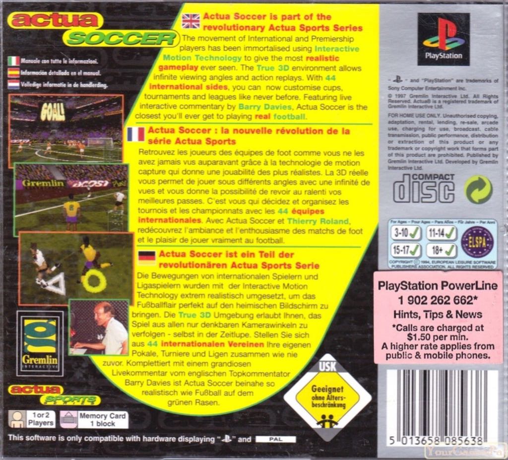 Actua Soccer - Sony PlayStation (Gremlin Interactive - 2) video game collectible [Barcode 5013658085638] - Main Image 2