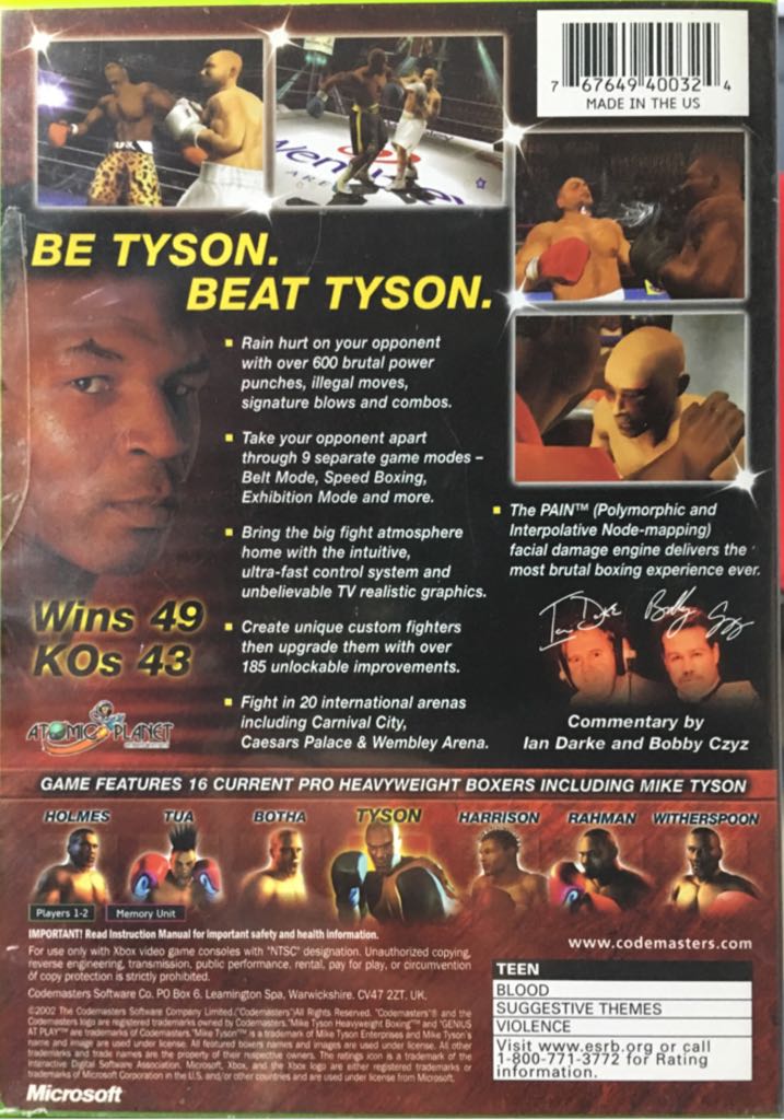 Mike Tyson Heavyweight Boxing - Microsoft Xbox (Codemaster - 1-2) video game collectible [Barcode 767649400324] - Main Image 2