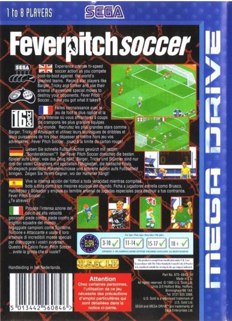 Feverpitch Soccer - Sega Mega Drive (U.S Gold - 1-2) video game collectible [Barcode 5013442560846] - Main Image 2