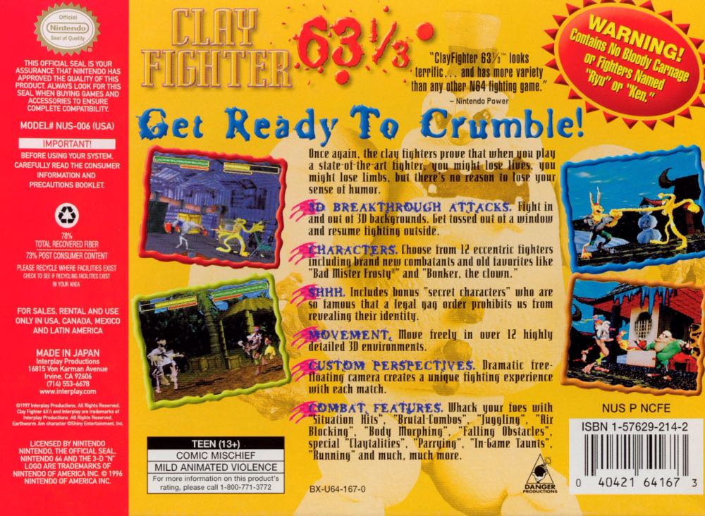Clay Fighter 63⅓ - Nintendo 64 (N64) video game collectible - Main Image 2